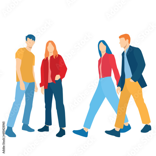  Set of young men and women, different colors, cartoon character, group of silhouettes of standing and walking business people, students, the design concept of flat icon, isolated on white background