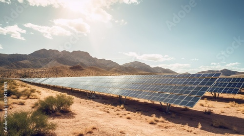Solar Cell park in the desert, green Energy. Generative AI