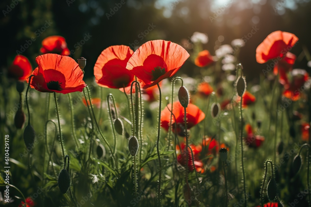 Fototapeta premium Red poppy flowers, generative artificial intelligence 