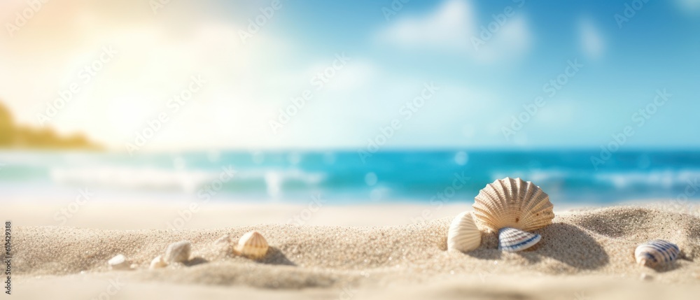 Tropical summer sand beach and bokeh sun light on sea background. Generative AI Tropical summer sand beach and bokeh sun light on sea background. Generative AI