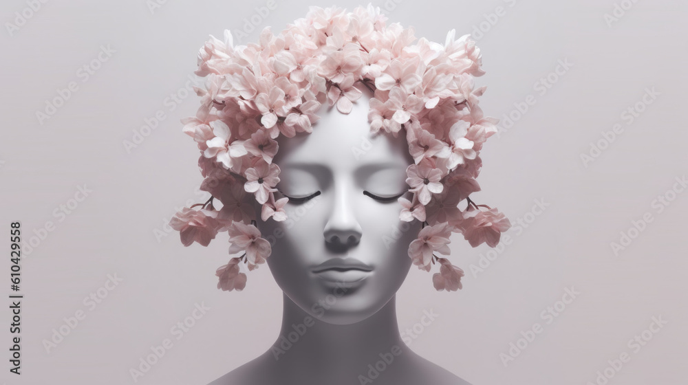 Fashion model with a hairstyle made of flowers created with generative AI technology