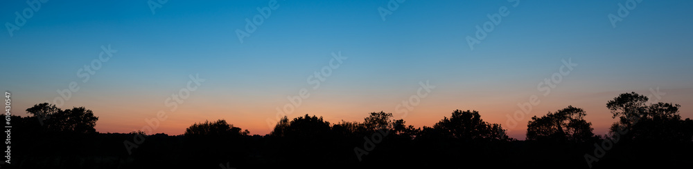 Beautiful panorama of orange blue sunset glow behind treeline.