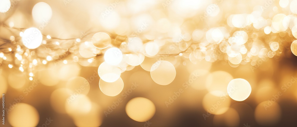 Festive abstract defocused Christmas background. Golden Christmas lights sparkle, beautiful round bokeh, wide banner format, copy space