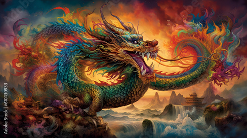 Mystical Chinese dragon stands tall over a landscape featuring temples and a roaring waterfall, Generative AI © Pillow Productions