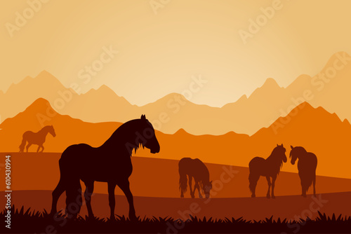 Landscape  with horses silhouettes  mountains background  bright colors. Vector illustration.