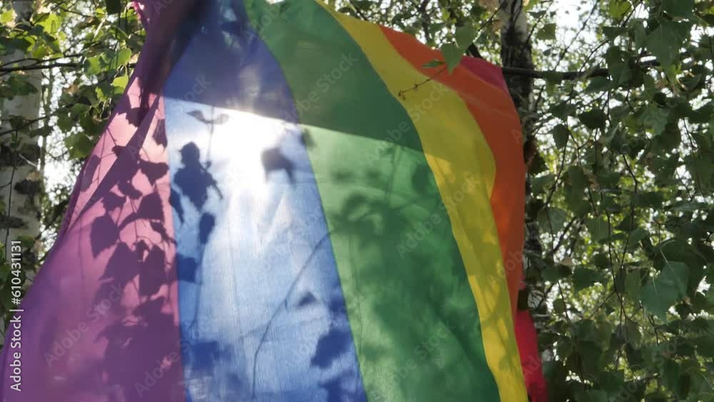 A colorful LGBT flag attached to birch branches flutters in the wind against lush green tree branches. An LGBT symbol that expresses a close view of human rights and freedom. Soft selective focus.