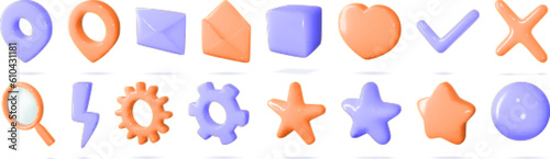 3d icon vector set of isolated sings for buttons in cartoon style. Pastel set. Settings, search, flash, map geotag concept. Haert for like, yes and no, review and rating buttons