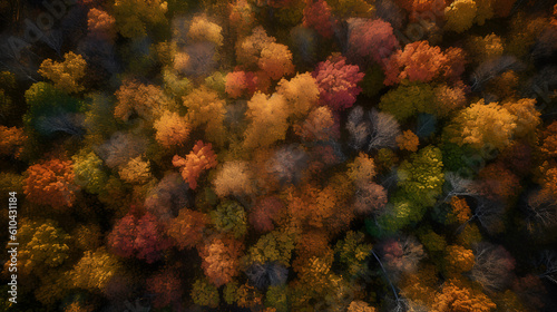 Overhead view of a dense autumn forest landscape, Generative AI 