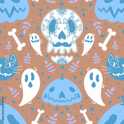 Wallpaper Mural Halloween pumpkins seamless ghost and bones and cat pattern for wrapping paper and linens and fabrics Torontodigital.ca