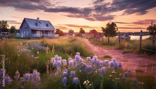 beautiful country house in Magical summer evening, everything is in bloom, sunset beautiful pink sky. happy family and real estate investment and housing architecture and sunset background © Eli Berr