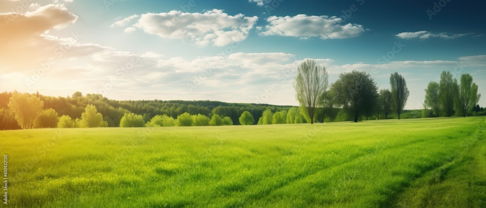 Panoramic natural landscape with green grass field, blue sky with clouds and and and blurry trees in background. Panorama summer spring meadow