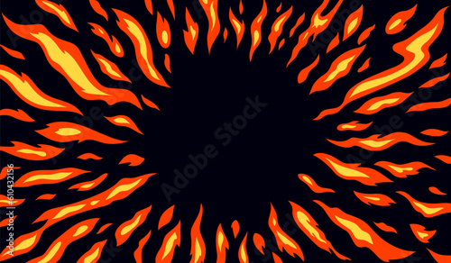 Circle Fire Flame Pattern on Dark Background. Ring Fiery Frame in Cartoon Anime Style. Vector Burn Fire Texture
