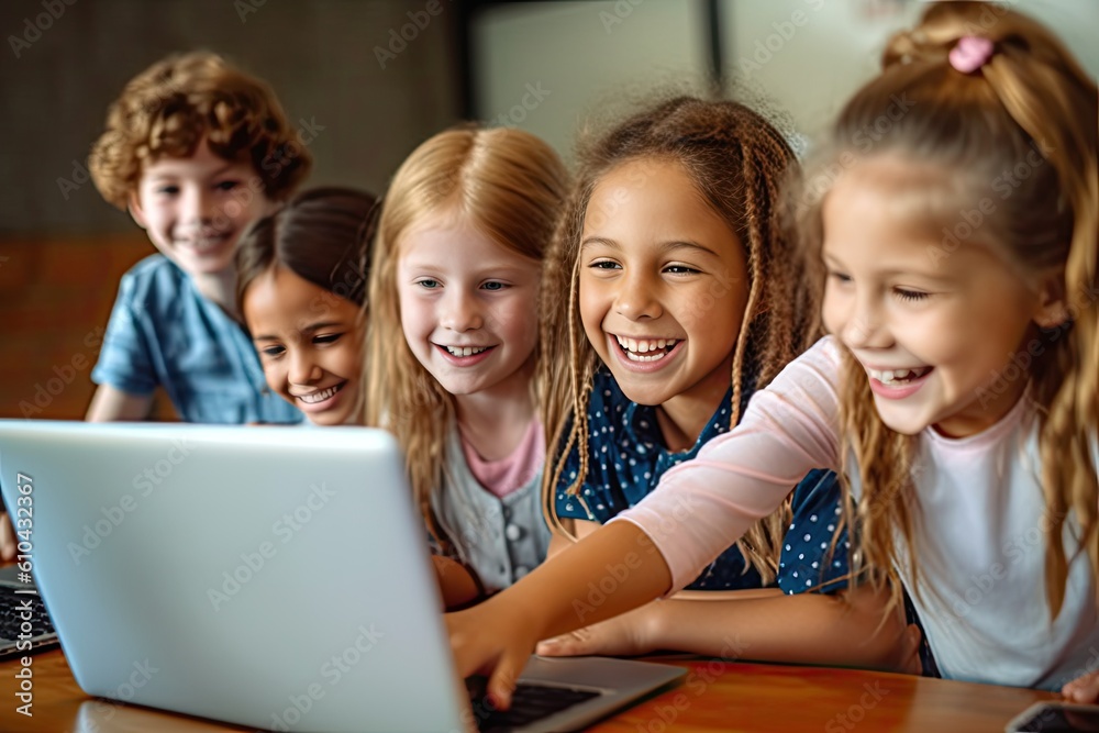 back to school, smiling children playing with a laptop at a classroom. Generative AI back to school, smiling children playing with a laptop at a classroom. Generative AI