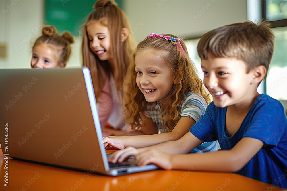 back to school, smiling children playing with a laptop at a classroom. Generative AI