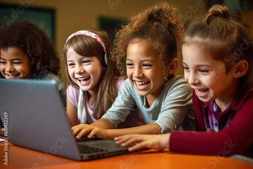 back to school, smiling children playing with a laptop at a classroom. Generative AI