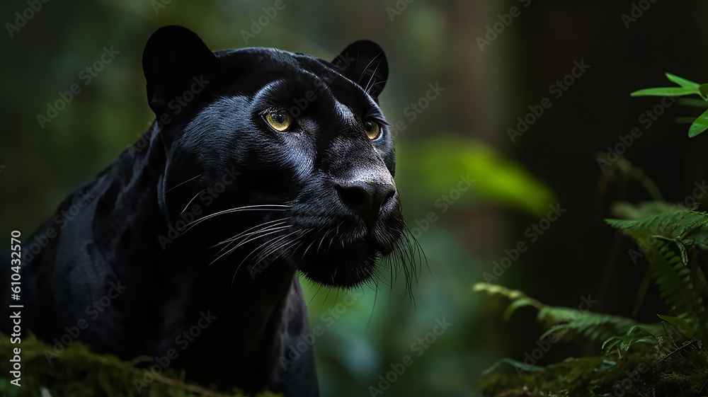 Panther against bright green rainforest background, generative AI tools 

 