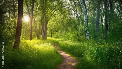 Path footpath in the deciduous forest in spring in the summer in the morning sun. Young lush green trees in the forest © Eli Berr