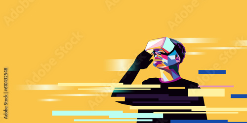 Vector illustration of a man wearing virtual reality glasses. The concept of modern technology. In modern art style.