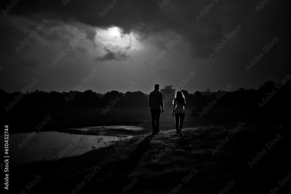 Silhouetted couple walking along a shoreline in black and white with dramatic dark sky. Generative ai Silhouetted couple walking along a shoreline in black and white with dramatic dark sky. Generative ai