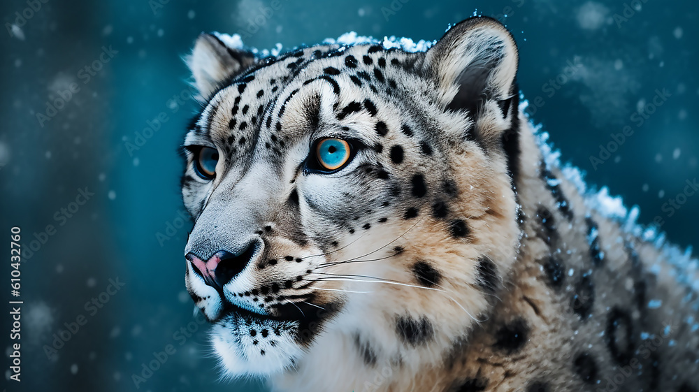 Fototapeta premium Snow leopard portrait on a bright blue background, it's snowing, generative AI tools