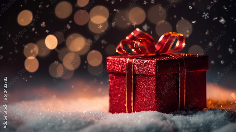 Red Christmas Present Gift on snow with sparkling Bokeh lights, generative AI tools Red Christmas Present Gift on snow with sparkling Bokeh lights, generative AI tools