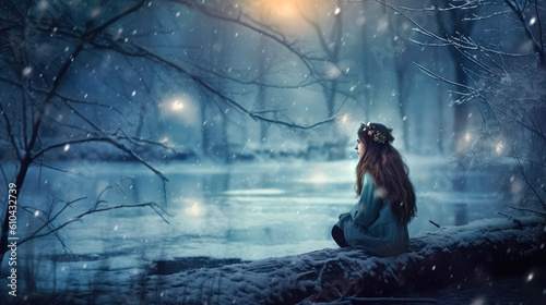 Woman with flower tiara sitting next to a cold river at dusk with snow falling. Generative Ai