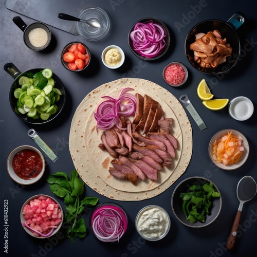 Doner and shawarma product layout, pita stuffing, meat and vegetables, banner with space for text. Concept: Quick bite, fast food dish. Generative AI

