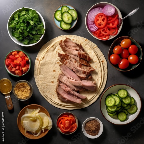 Doner and shawarma product layout, pita stuffing, meat and vegetables, banner with space for text. Concept: Quick bite, fast food dish. Generative AI
