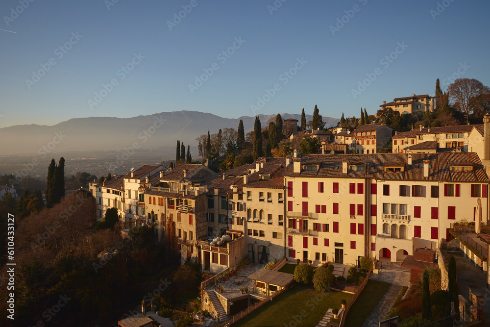 View of the old town of Asolo at sunset