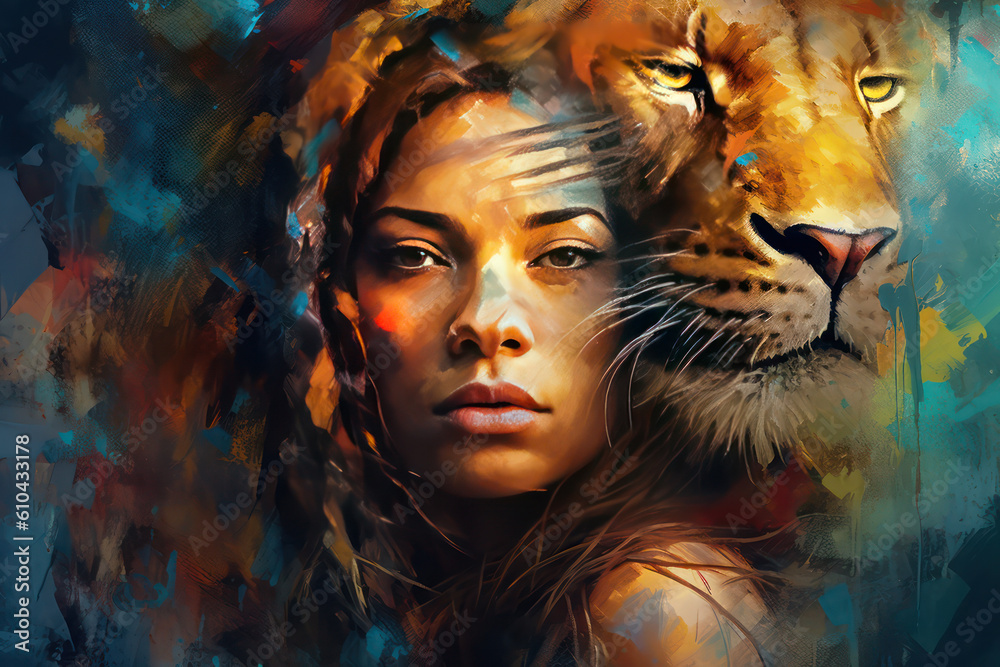 Portrait of a woman with a spirit Lion watching over her. Generative Ai.