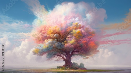 Autumn tree in a foggy landscape. Created with Generative AI tools