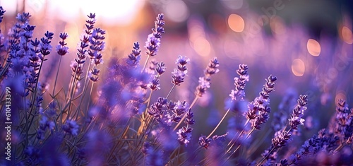 Lavender flowers in the field at sunset. Close-up. Created with Generative AI tools