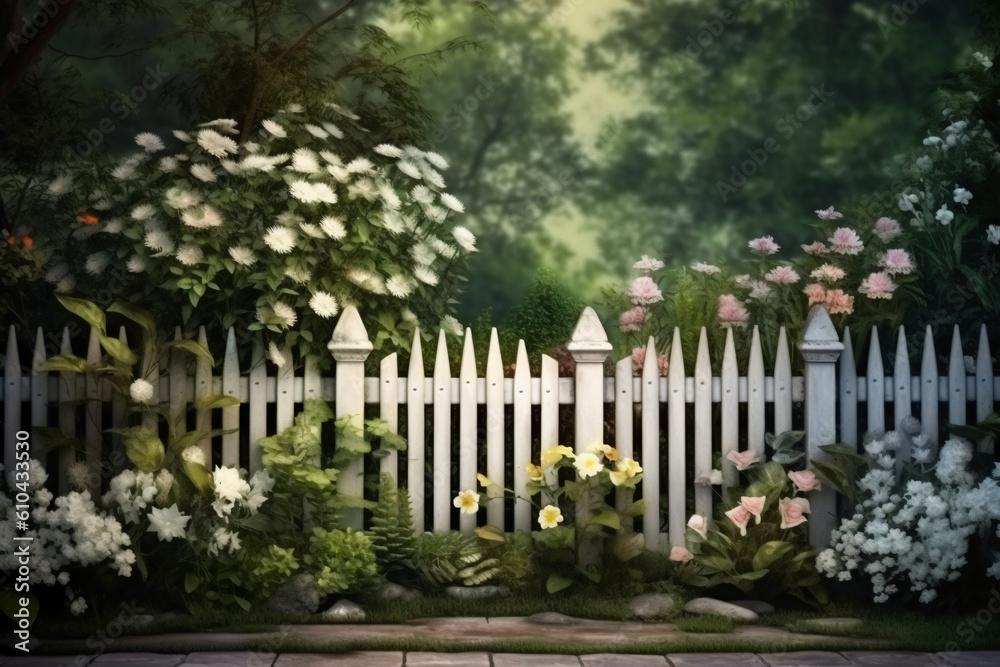 A garden backdrop with white fence. AI generative