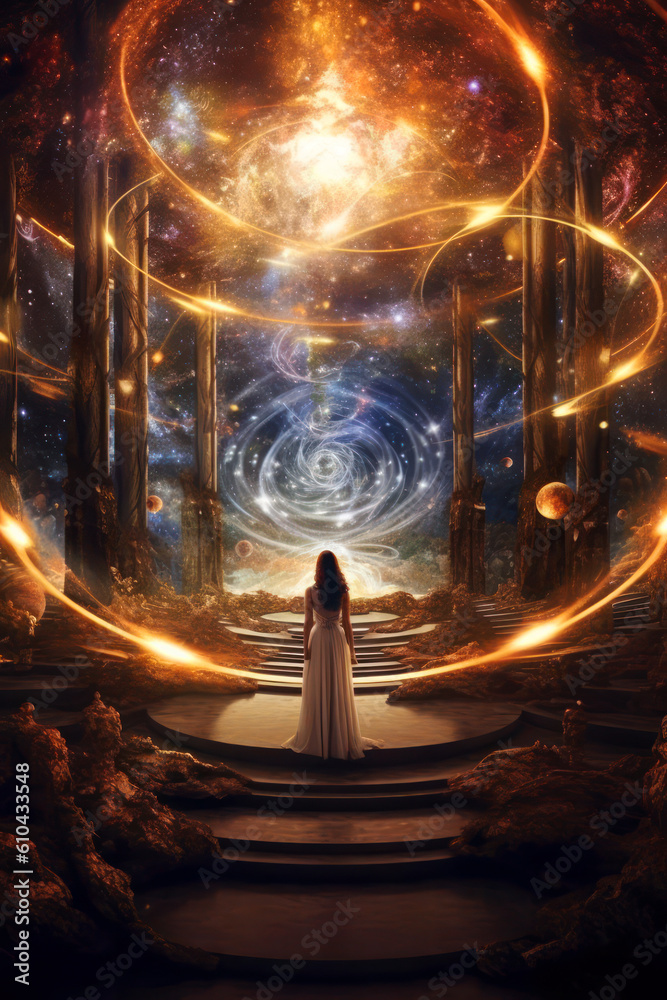 Silhouetted woman standing in an ornate temple with ethereal and mystical energy swirling around her looking up a cosmic tapestry. Generative Ai. Silhouetted woman standing in an ornate temple with ethereal and mystical energy swirling around her looking up a cosmic tapestry. Generative Ai.