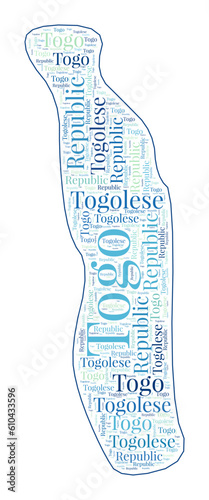 Togo shape filled with country name in many languages. Togo map in wordcloud style. Vibrant vector illustration.