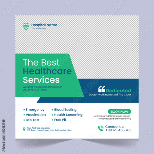 Medical healthcare social media post template design, medical social media post design template, promotional medical square web banner for hospital, medical post design template for clinic