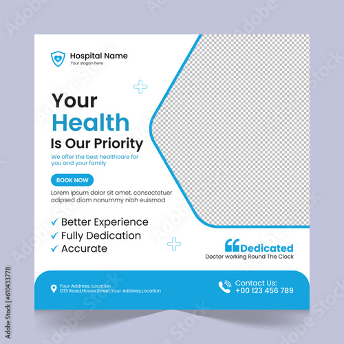 Medical healthcare social media post template design, medical social media post design template, promotional medical square web banner for hospital, medical post design template for clinic