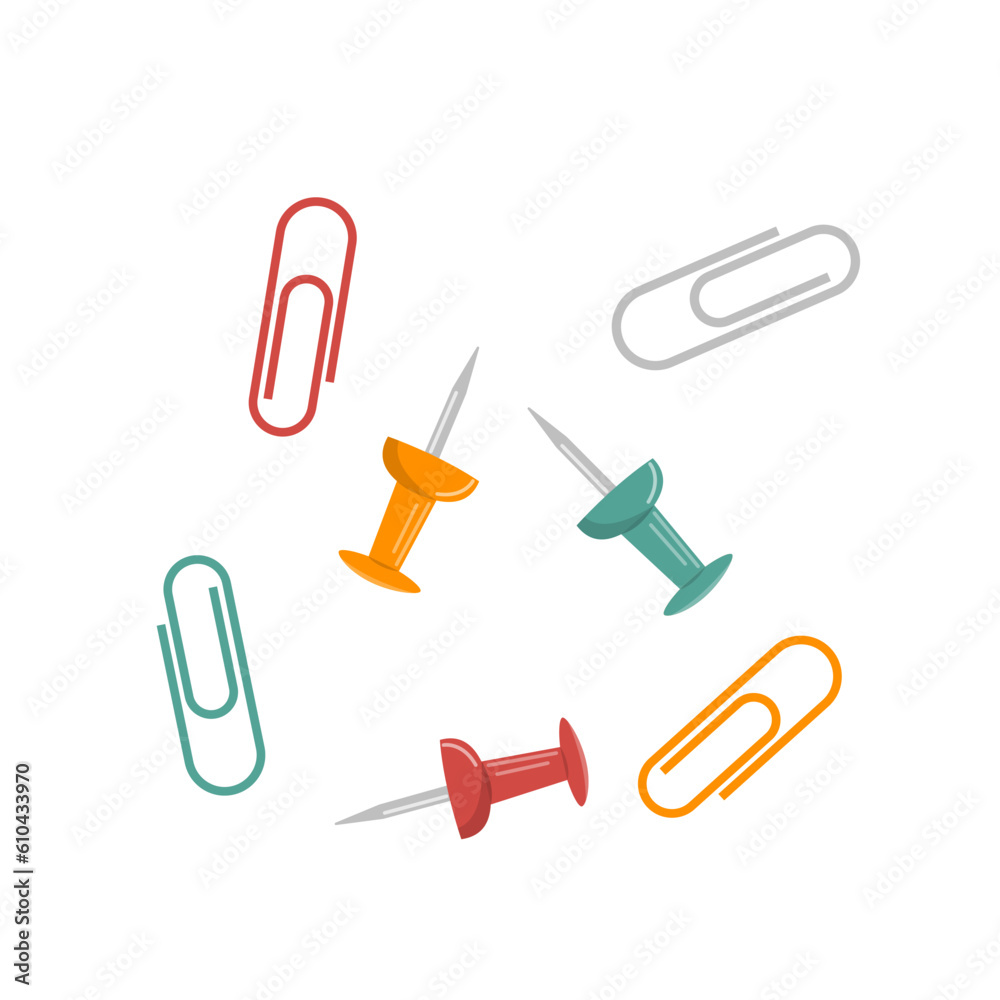 Set of colored paper clips and buttons on a white background. Vector illustration of office and school stock, school design, stickers, web elements, kids design. Set of colored paper clips and buttons on a white background. Vector illustration of office and school stock, school design, stickers, web elements, kids design.