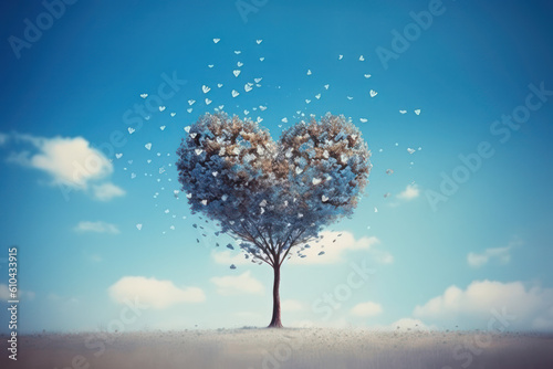 A single tree in the shape of a love heart against blue sky and white clouds. Generative Ai. © cfhdesign