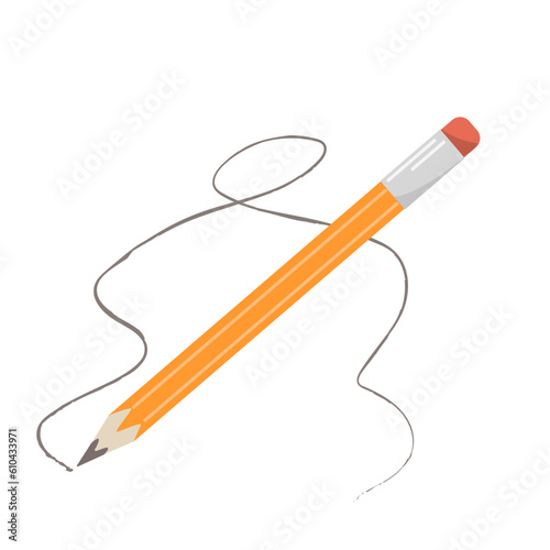 Graphite yellow wooden pencil with a rubber eraser on a white background. Vector illustration of office and school stock, school design, stickers, web elements, kids design.