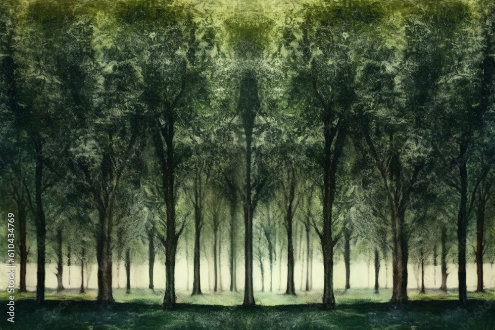 A row of trees in a large park. AI generative