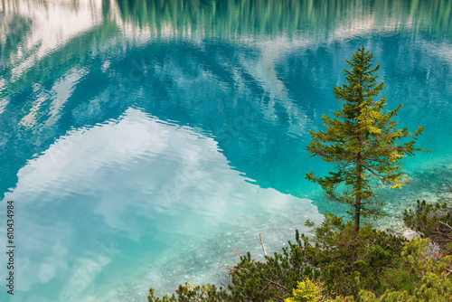 Beautiful view of the turquoise colour of Lago di Braies or Pragser wildsee, Trentino Alto Adidge, Dolomites mountains, Italy
