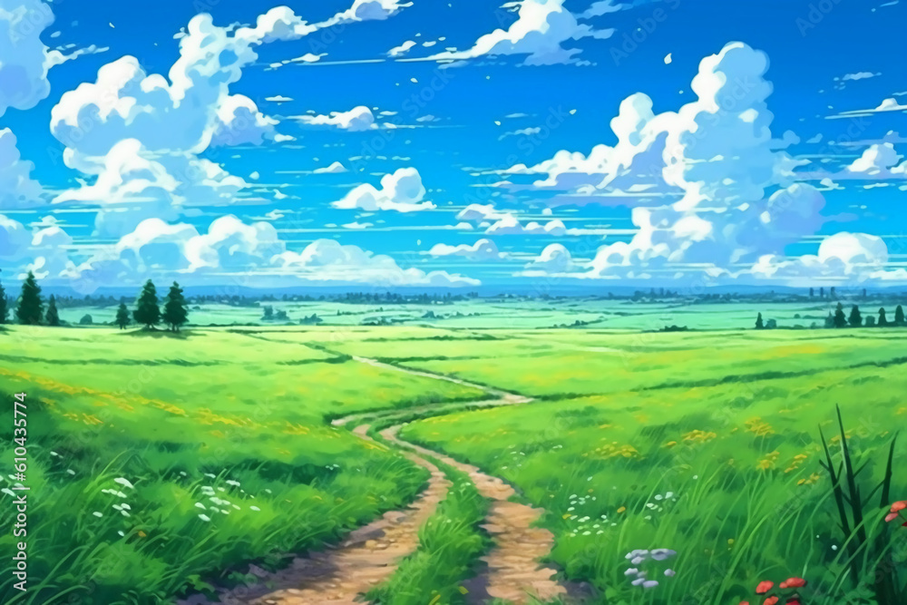 Fototapeta premium A field, clear sky, sunny. AI generative