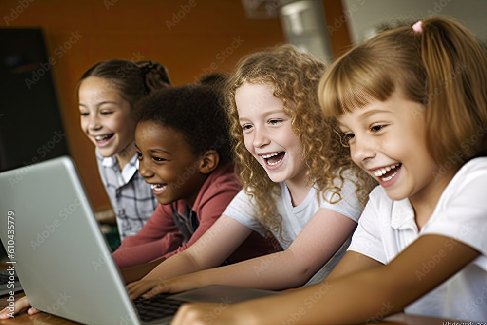 back to school, smiling children playing with a laptop at a classroom. Generative AI back to school, smiling children playing with a laptop at a classroom. Generative AI