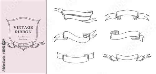 Black line vintage ribbon banner vector set. Hand drawn line art.