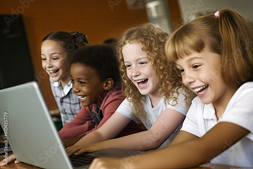 back to school, smiling children playing with a laptop at a classroom. Generative AI