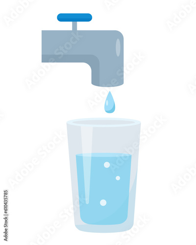 Glass of water. Drinking water faucet. Transparent glass filled with cold water isolated on white background. Vector illustration.