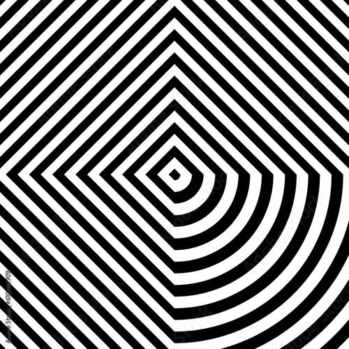 Distorted black rhombuses on white background. Symmetric geometric repeating quadrangles abstract. Interior decorative board. Stripped surface pattern design. Diagonal lines wallpaper. Vector art