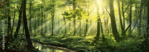 Bright sun shining through green trees in the forest © Photo And Art Panda