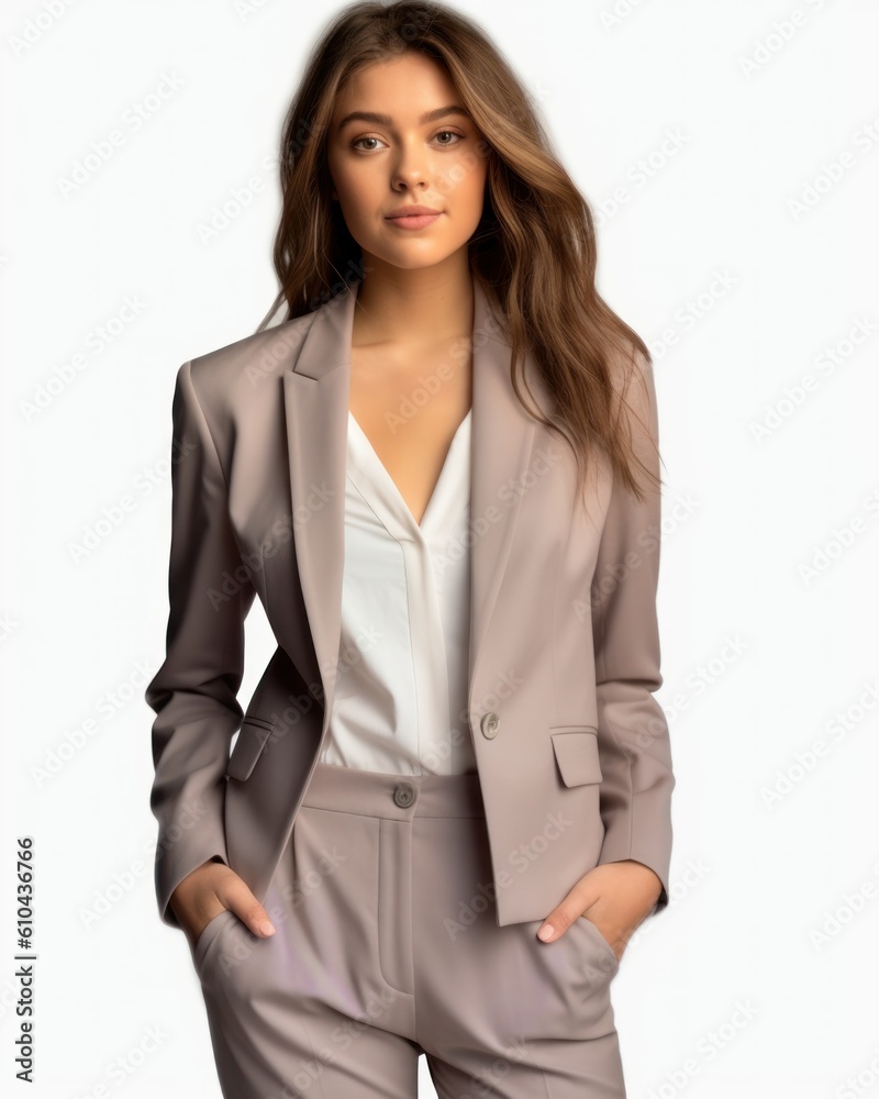 Portrait of an elegant brunette model wearing a grey office blazer, isolated on a plain background. Generative AI illustration. Portrait of an elegant brunette model wearing a grey office blazer, isolated on a plain background. Generative AI illustration.